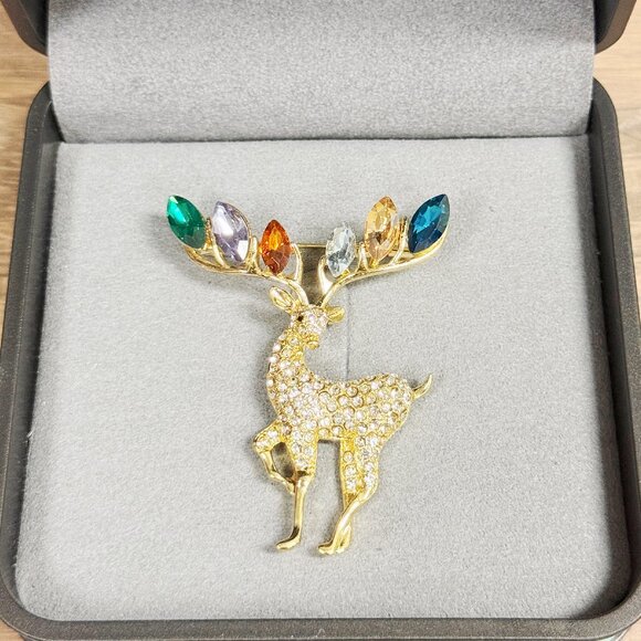 Reindeer Brooch, Christmas Brooches, Colorful Crystal Brooch, Gold Brooch - Picture 1 of 10